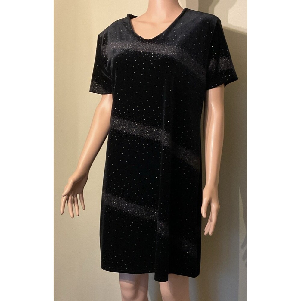 Vintage Jacqueline Ferrar Black Shimmer Shift Dress 12P Short Sleeve Petite LBD